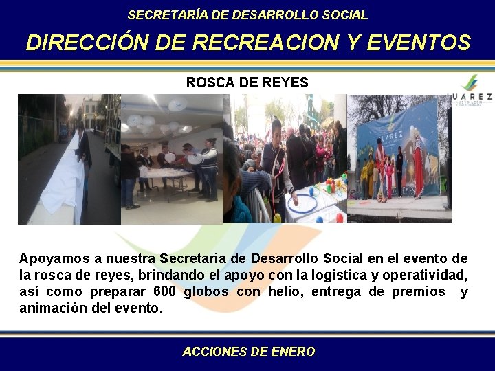 SECRETARÍA DE DESARROLLO SOCIAL DIRECCIÓN DE RECREACION Y EVENTOS ROSCA DE REYES Apoyamos a