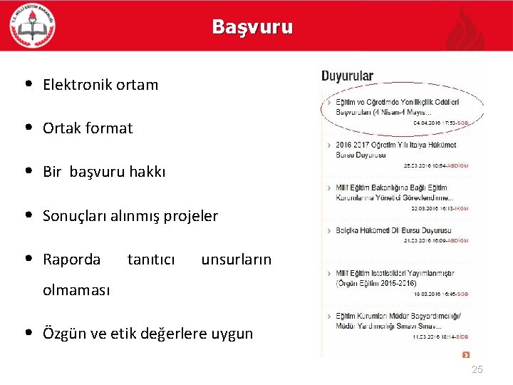 Başvuru • Elektronik ortam • Ortak format • Bir başvuru hakkı • Sonuçları alınmış