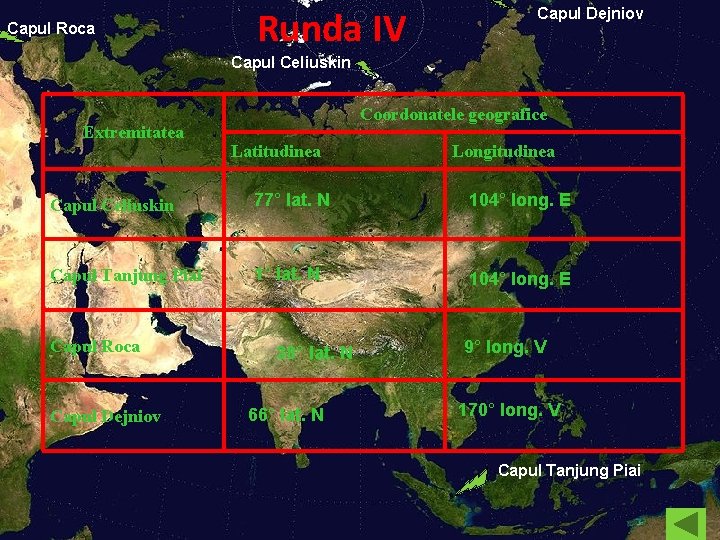 Capul Roca Runda IV Capul Dejniov Capul Celiuskin Extremitatea Coordonatele geografice Latitudinea Longitudinea Capul