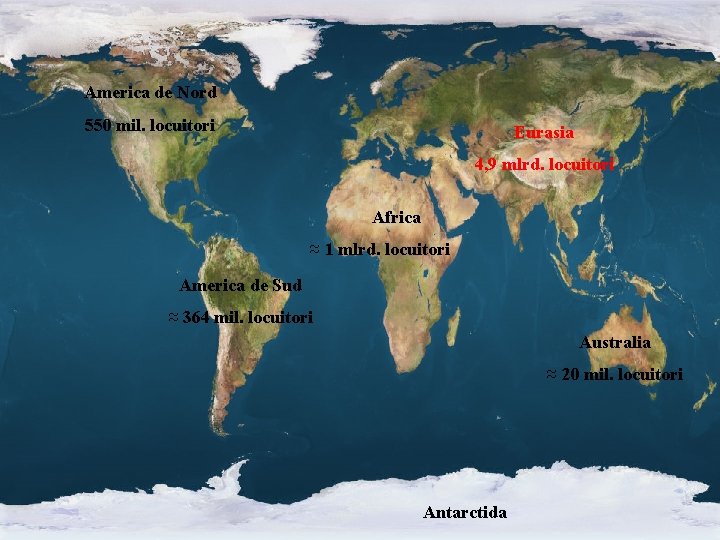 America de Nord 550 mil. locuitori Eurasia 4, 9 mlrd. locuitori Africa ≈ 1