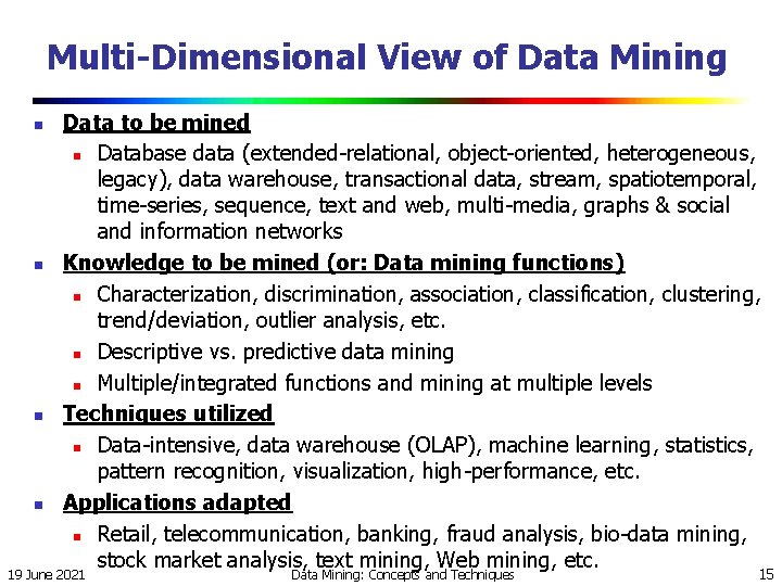 Multi-Dimensional View of Data Mining n n Data to be mined n Database data Multi-Dimensional View of Data Mining n n Data to be mined n Database data