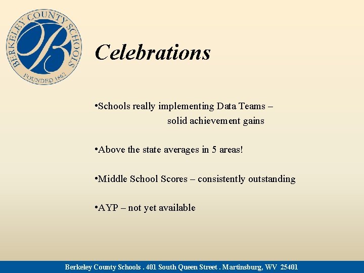 Celebrations • Schools really implementing Data Teams – solid achievement gains • Above the