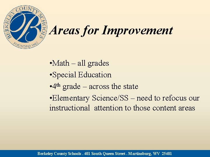 Areas for Improvement • Math – all grades • Special Education • 4 th