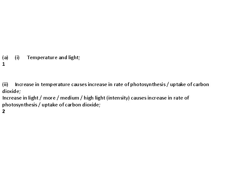 (a) 1 (i) Temperature and light; (ii) Increase in temperature causes increase in rate