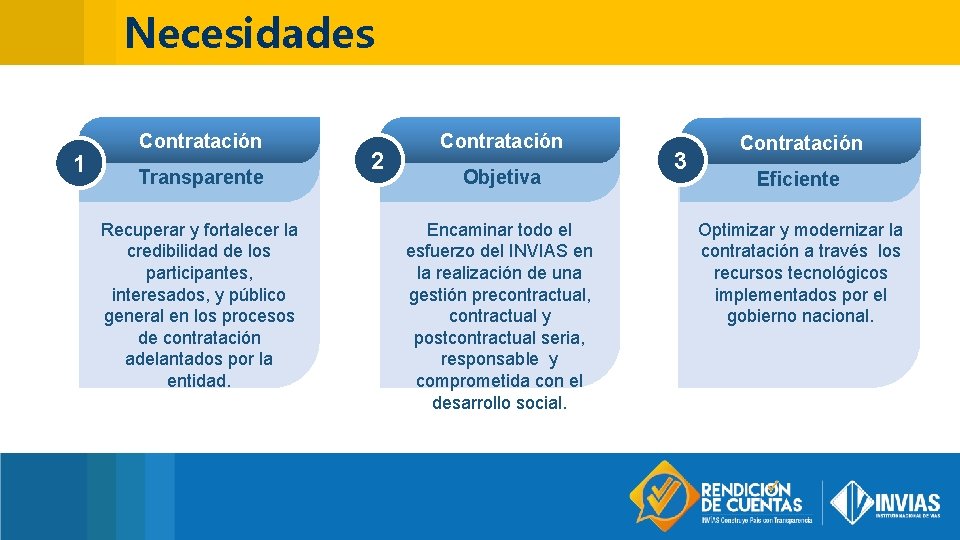 Necesidades 1 Contratación Transparente Recuperar y fortalecer la credibilidad de los participantes, interesados, y