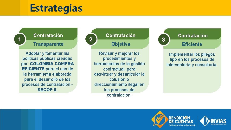 Estrategias 1 Contratación Transparente Adoptar y fomentar las políticas públicas creadas por COLOMBIA COMPRA