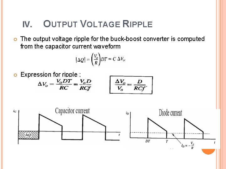 IV. OUTPUT VOLTAGE RIPPLE The output voltage ripple for the buck boost converter is