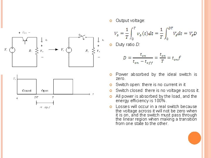  Output voltage: Duty ratio D: Power absorbed by the ideal switch is zero.