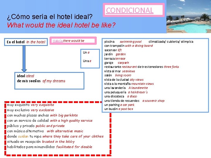 CONDICIONAL ¿Cómo sería el hotel ideal? What would the ideal hotel be like? En