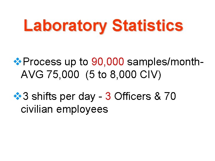 Laboratory Statistics v. Process up to 90, 000 samples/month. AVG 75, 000 (5 to