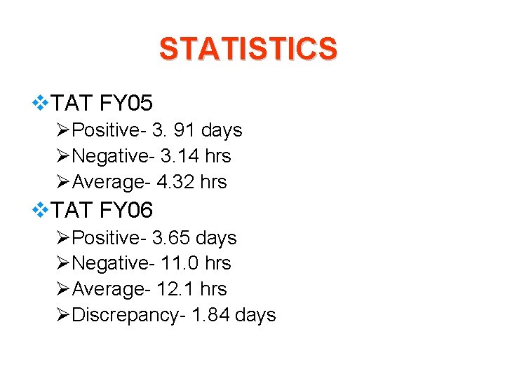 STATISTICS v. TAT FY 05 ØPositive- 3. 91 days ØNegative- 3. 14 hrs ØAverage-