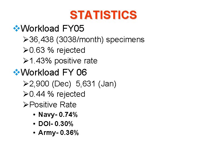 STATISTICS v. Workload FY 05 Ø 36, 438 (3038/month) specimens Ø 0. 63 %