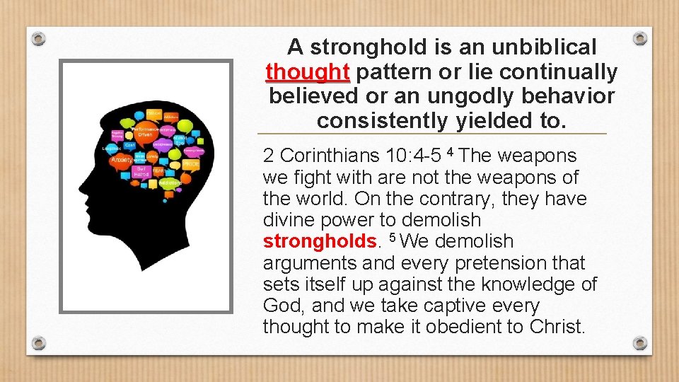 A stronghold is an unbiblical thought pattern or lie continually believed or an ungodly