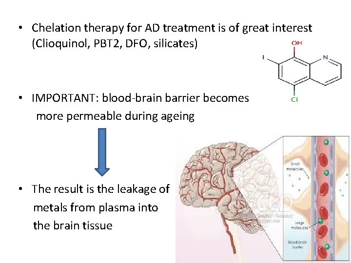  • Chelation therapy for AD treatment is of great interest (Clioquinol, PBT 2,