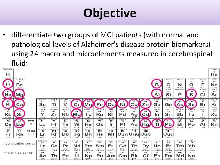 Objective • differentiate two groups of MCI patients (with normal and pathological levels of