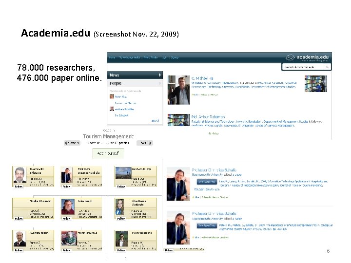 Academia. edu (Screenshot Nov. 22, 2009) 78. 000 researchers, 476. 000 paper online. 6