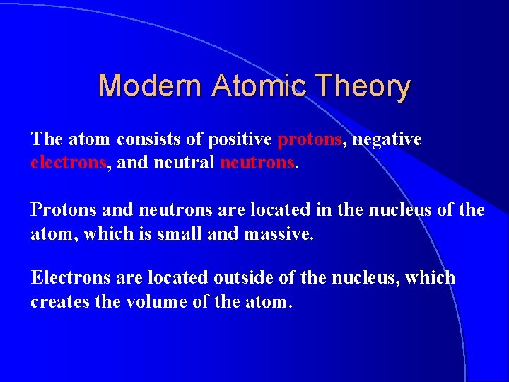 Modern Atomic Theory The atom consists of positive protons, negative electrons, and neutral neutrons.