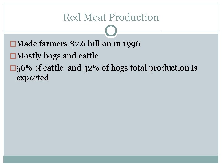 Red Meat Production �Made farmers $7. 6 billion in 1996 �Mostly hogs and cattle
