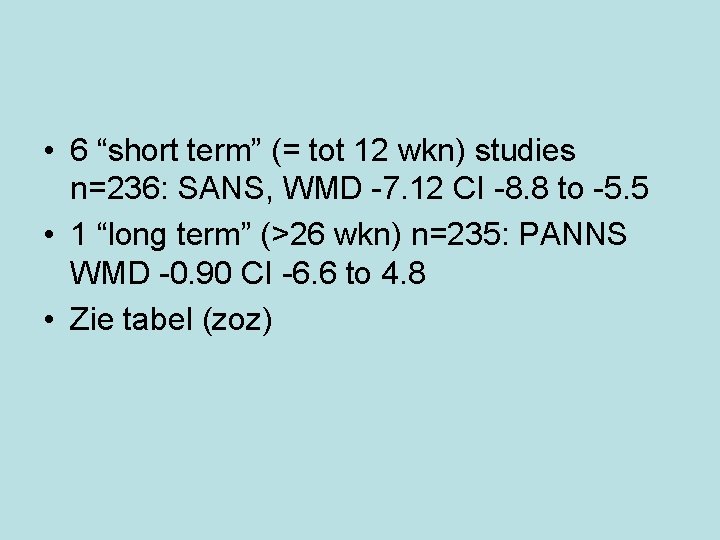  • 6 “short term” (= tot 12 wkn) studies n=236: SANS, WMD -7.