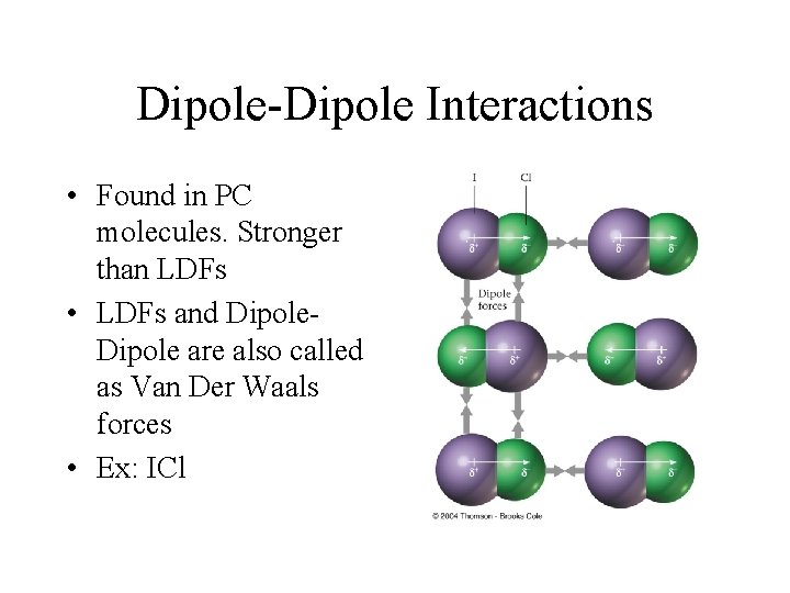 Dipole-Dipole Interactions • Found in PC molecules. Stronger than LDFs • LDFs and Dipole