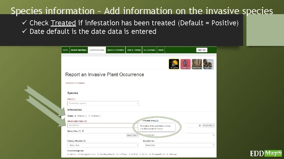 Species information – Add information on the invasive species ü Check Treated if infestation