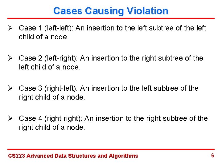 Cases Causing Violation Ø Case 1 (left-left): An insertion to the left subtree of