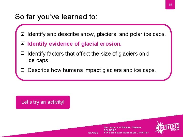 15 So far you’ve learned to: þ Identify and describe snow, glaciers, and polar