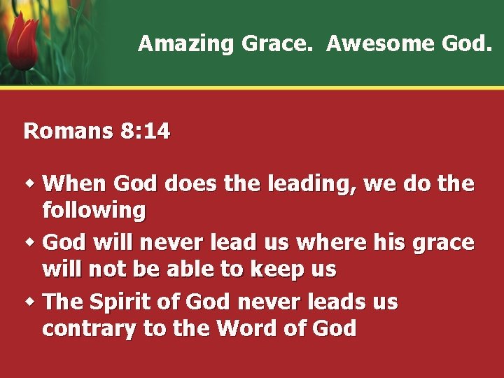 Amazing Grace. Awesome God. Romans 8: 14 w When God does the leading, we