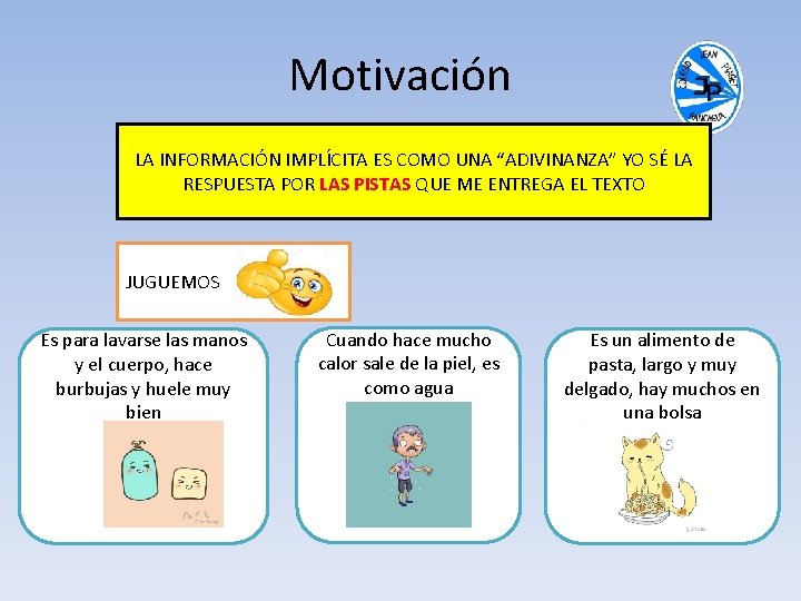 Motivación LA INFORMACIÓN IMPLÍCITA ES COMO UNA “ADIVINANZA” YO SÉ LA RESPUESTA POR LAS