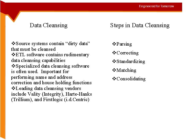 Data Cleansing v. Source systems contain “dirty data” that must be cleansed v. ETL