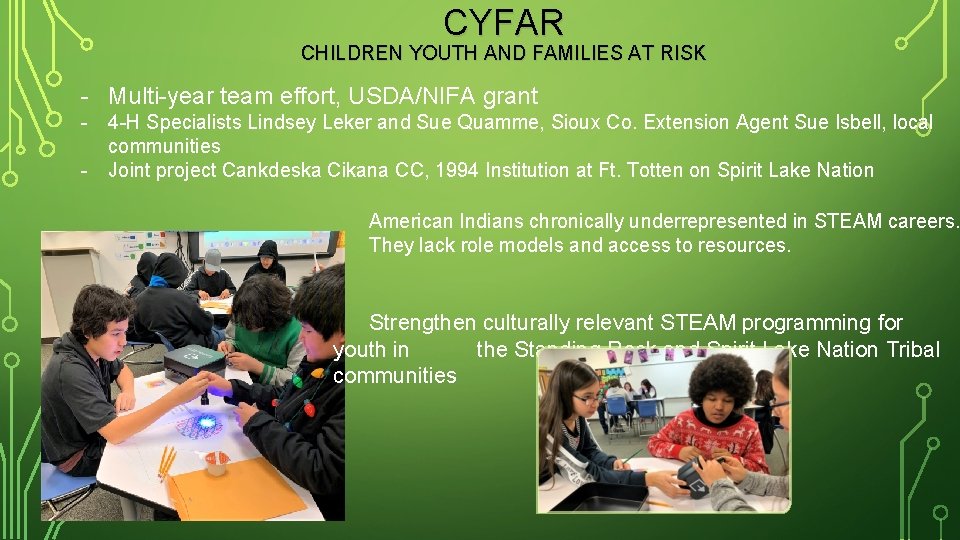 CYFAR CHILDREN YOUTH AND FAMILIES AT RISK - Multi-year team effort, USDA/NIFA grant -