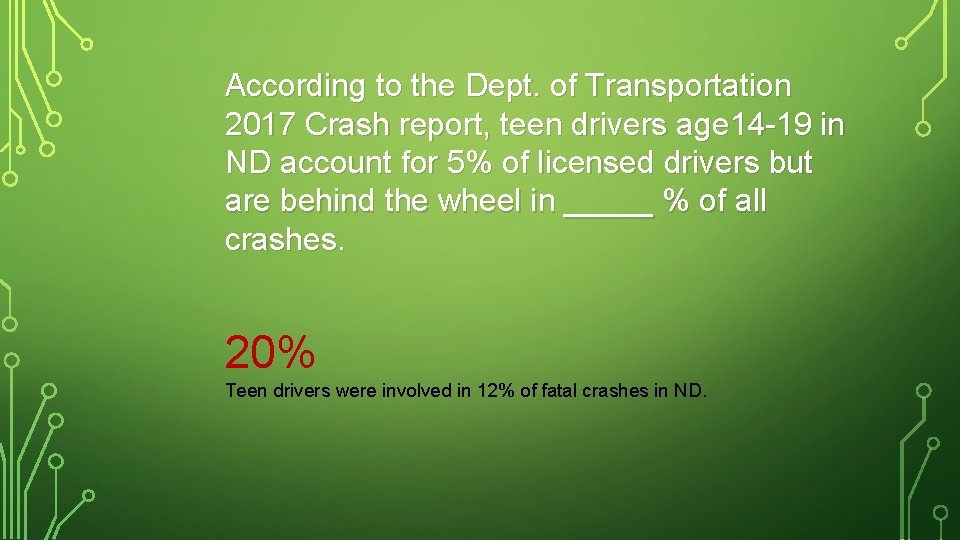 According to the Dept. of Transportation 2017 Crash report, teen drivers age 14 -19