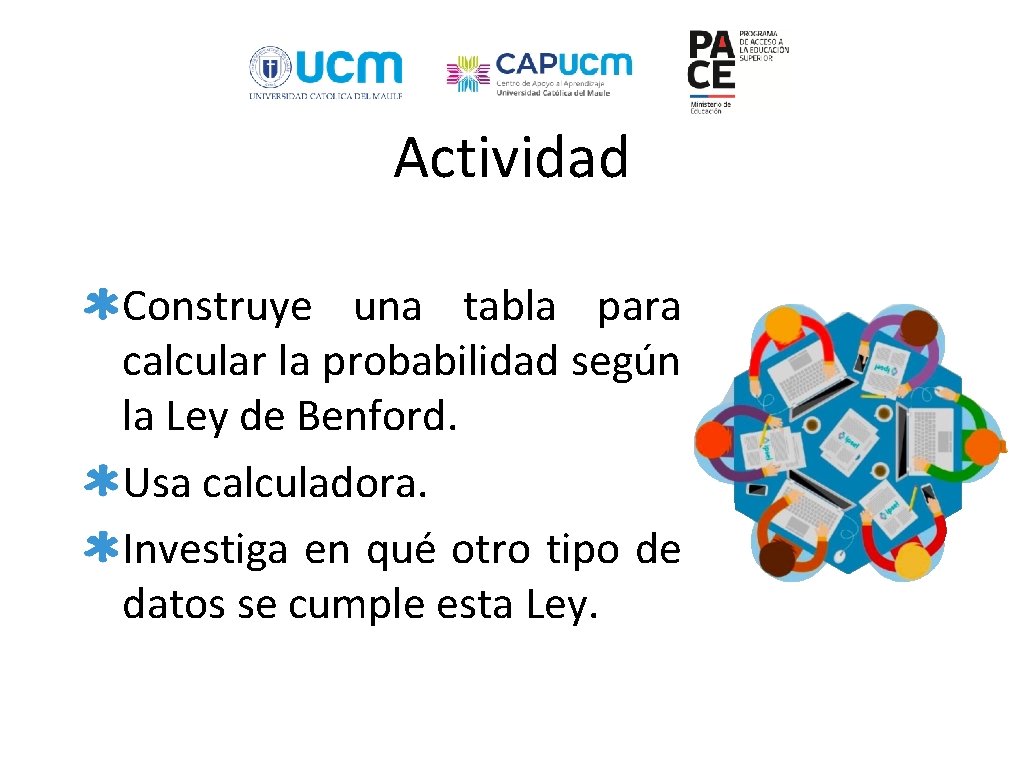 Actividad Construye una tabla para calcular la probabilidad según la Ley de Benford. Usa