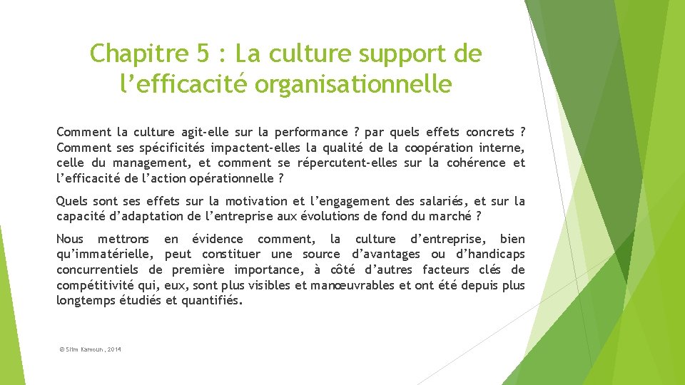 Chapitre 5 : La culture support de l’efficacité organisationnelle Comment la culture agit-elle sur