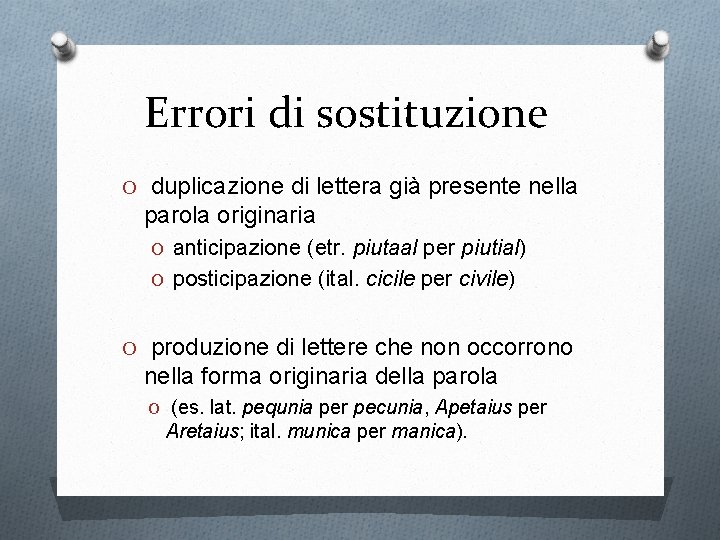 Errori di sostituzione O duplicazione di lettera già presente nella parola originaria O anticipazione