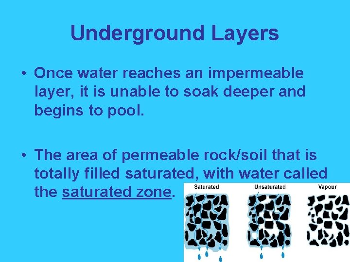 Underground Layers • Once water reaches an impermeable layer, it is unable to soak