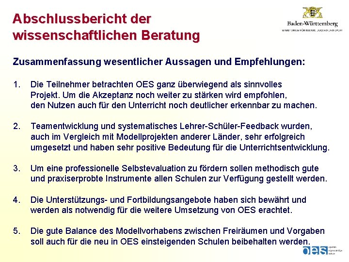 Abschlussbericht der wissenschaftlichen Beratung Zusammenfassung wesentlicher Aussagen und Empfehlungen: 1. Die Teilnehmer betrachten OES