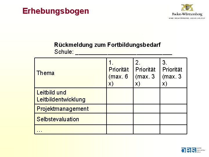 Erhebungsbogen Rückmeldung zum Fortbildungsbedarf Schule: _______________ Thema Leitbild und Leitbildentwicklung Projektmanagement Selbstevaluation … 1. Erhebungsbogen Rückmeldung zum Fortbildungsbedarf Schule: _______________ Thema Leitbild und Leitbildentwicklung Projektmanagement Selbstevaluation … 1.
