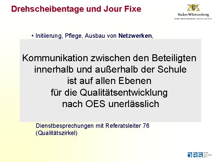 Drehscheibentage und Jour Fixe • Initiierung, Pflege, Ausbau von Netzwerken, Kontakten, Kooperationen • Erfahrungsaustausch