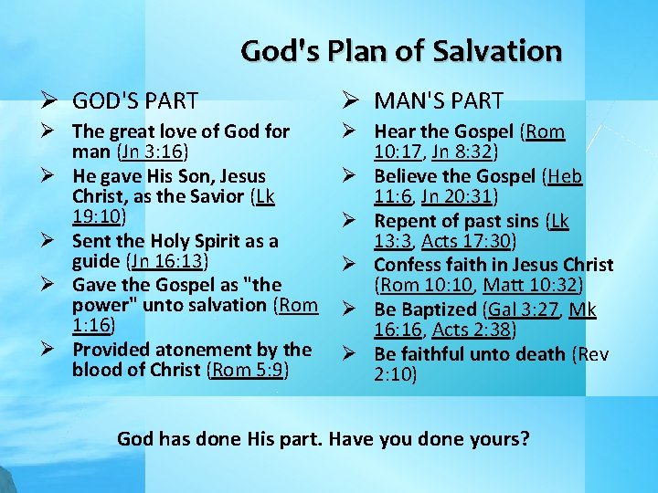 God's Plan of Salvation Ø GOD'S PART Ø MAN'S PART Ø The great love