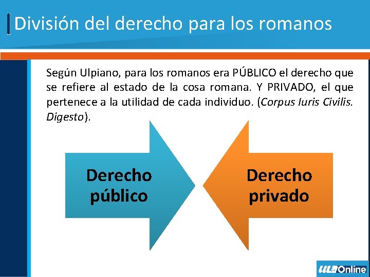 División del derecho para los romanos Según Ulpiano, para los romanos era PÚBLICO el