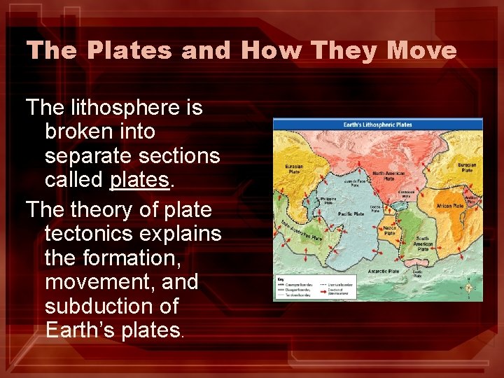 The Plates and How They Move The lithosphere is broken into separate sections called The Plates and How They Move The lithosphere is broken into separate sections called