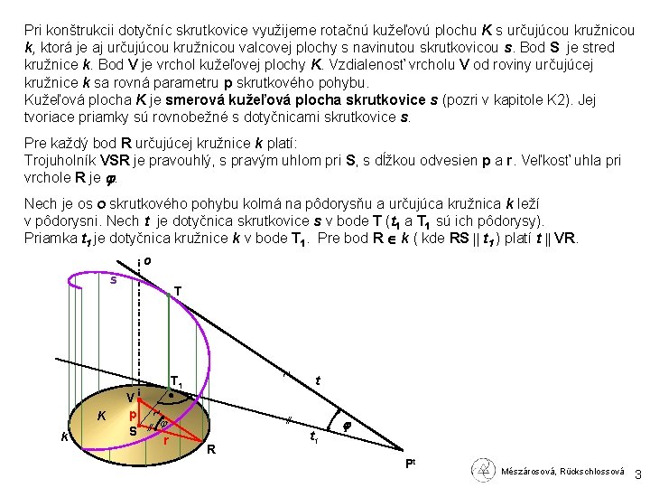 Pri konštrukcii dotyčníc skrutkovice využijeme rotačnú kužeľovú plochu K s určujúcou kružnicou k, ktorá