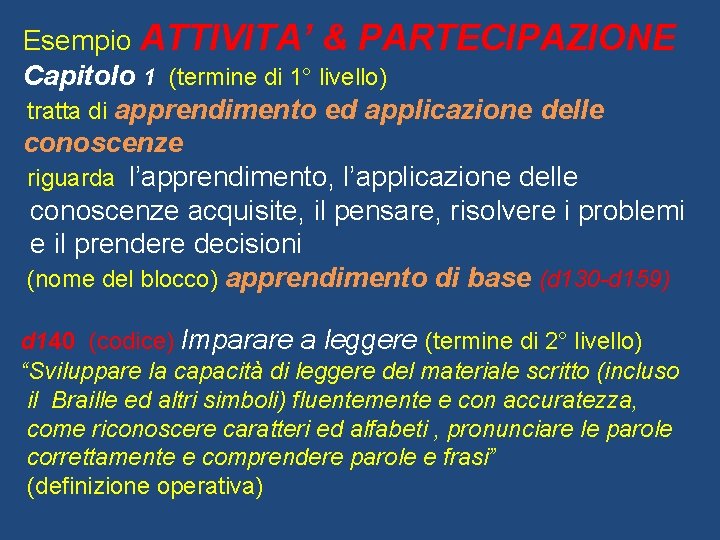 Esempio ATTIVITA’ & PARTECIPAZIONE Capitolo 1 (termine di 1° livello) tratta di apprendimento ed