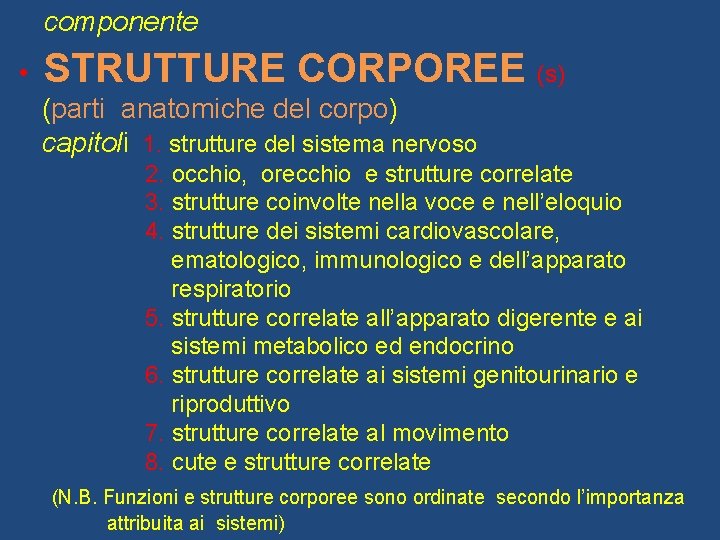 componente • STRUTTURE CORPOREE (s) (parti anatomiche del corpo) capitoli 1. strutture del sistema