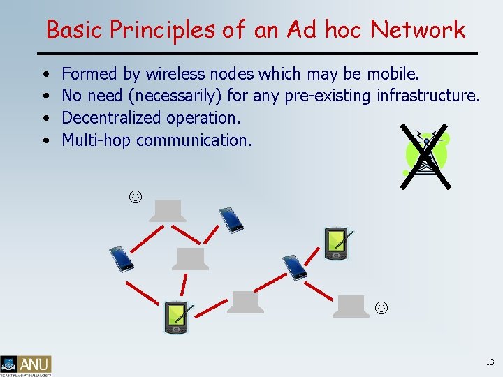 Basic Principles of an Ad hoc Network • • Formed by wireless nodes which