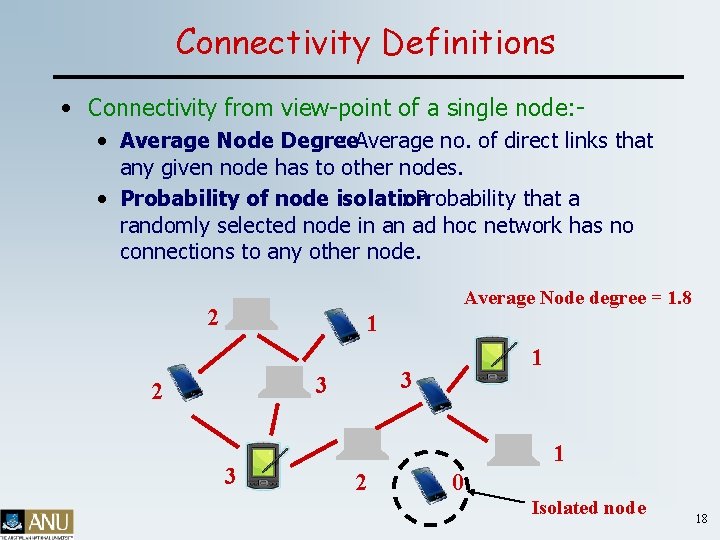 Connectivity Definitions • Connectivity from view-point of a single node: • Average Node Degree