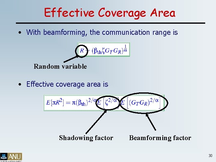 Effective Coverage Area • With beamforming, the communication range is Random variable • Effective
