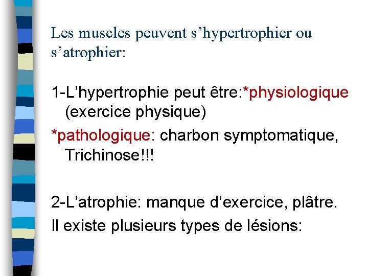 Les muscles peuvent s’hypertrophier ou s’atrophier: 1 -L’hypertrophie peut être: *physiologique (exercice physique) *pathologique: