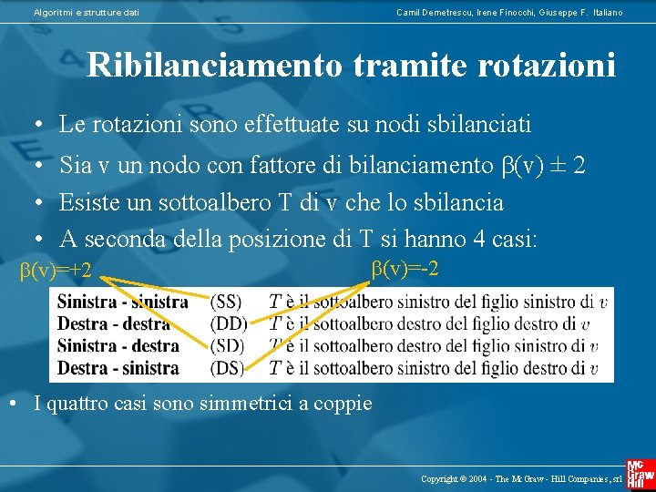 Algoritmi e strutture dati Camil Demetrescu, Irene Finocchi, Giuseppe F. Italiano Ribilanciamento tramite rotazioni